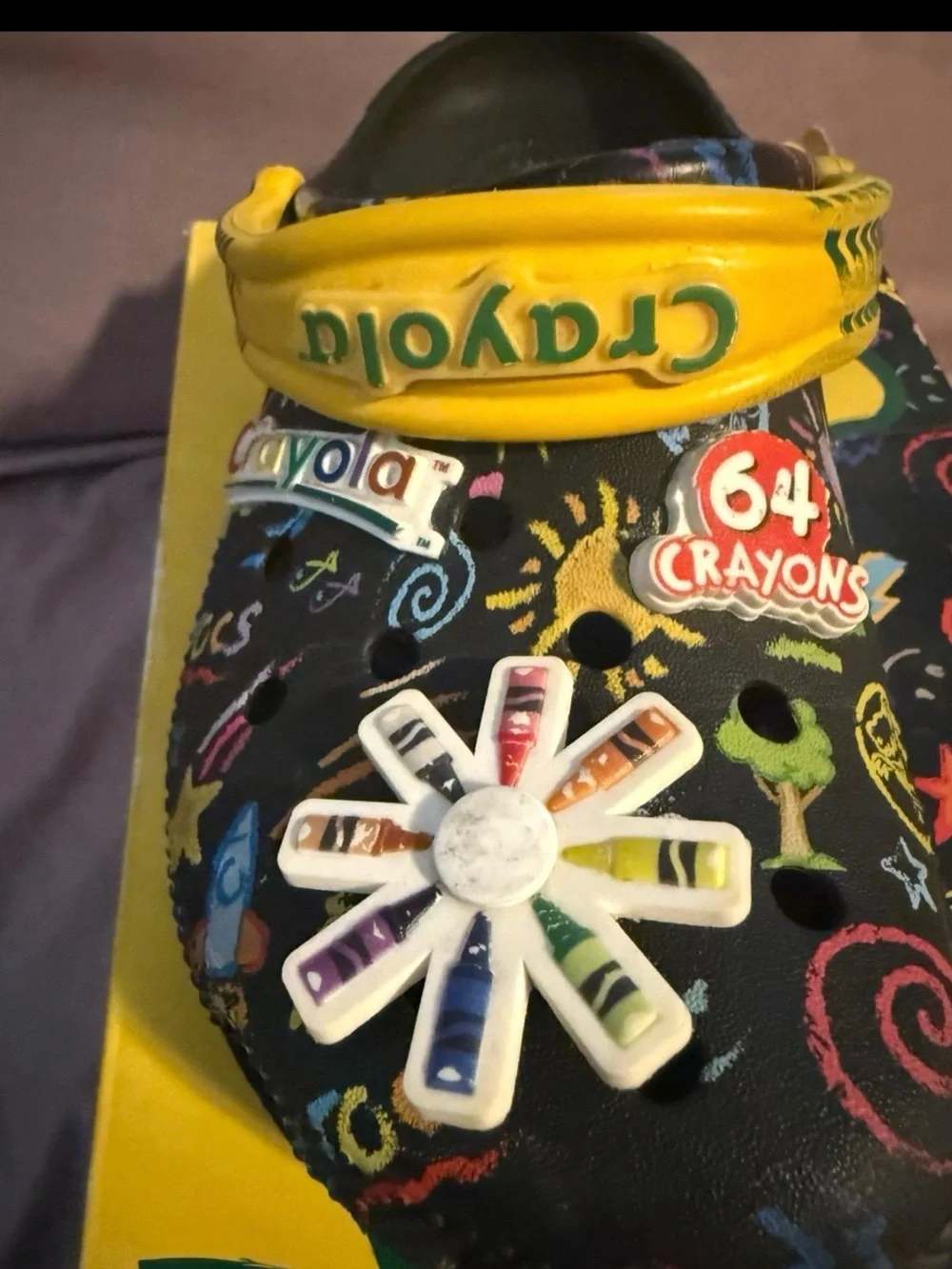Crayola Black Kids Clogs with Yellow Strap and Multicolor Art